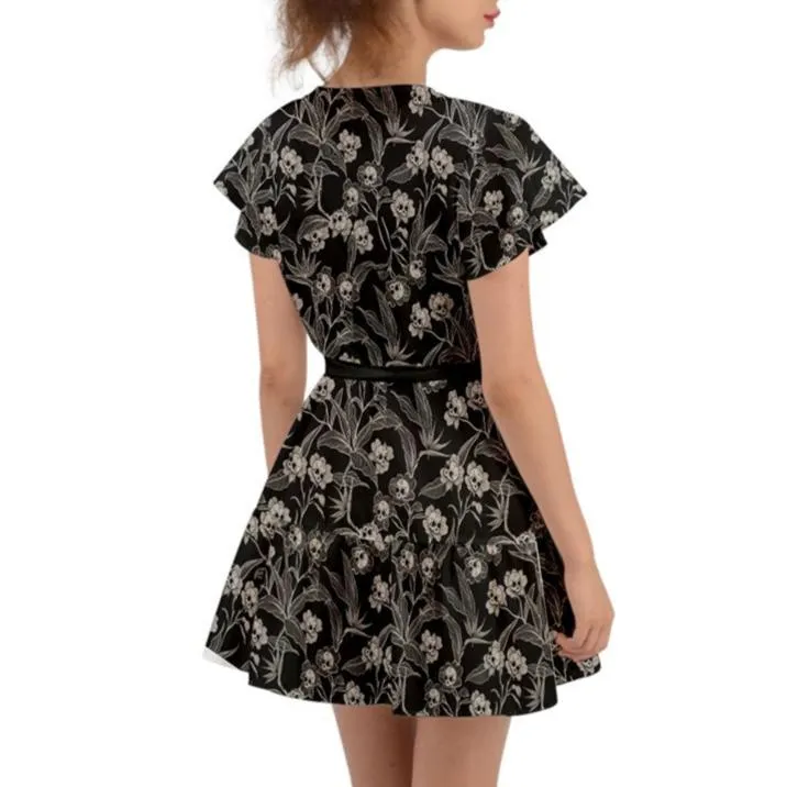 Gothic Floral Flutter Sleeve Wrap Dress