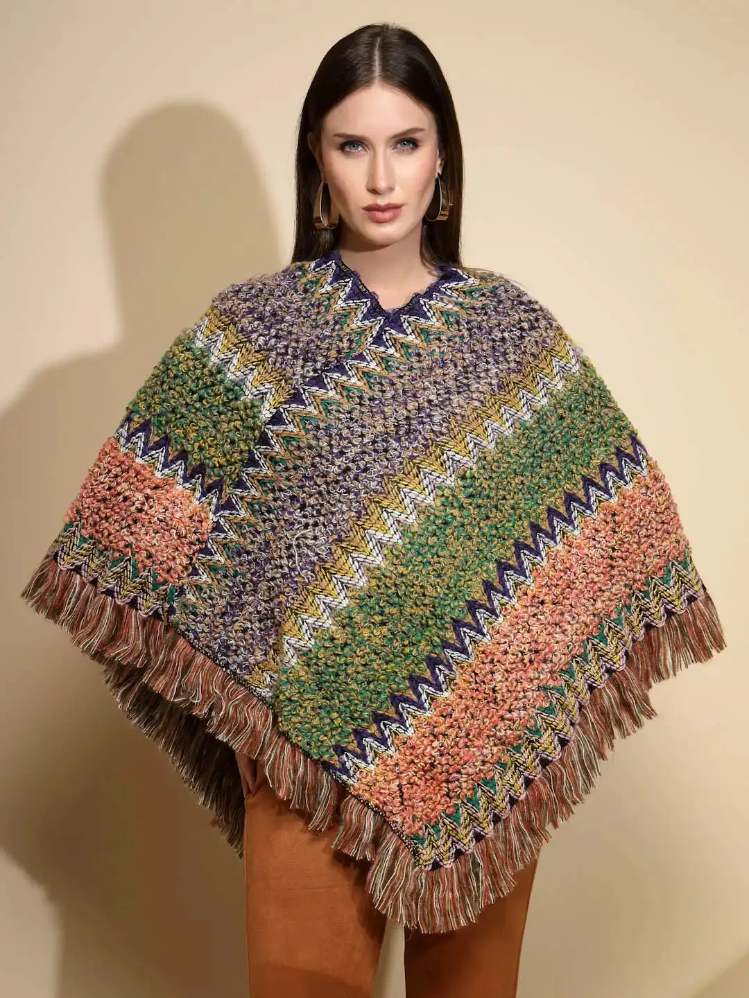 Green Abstract print V-Neck Acrylic Poncho