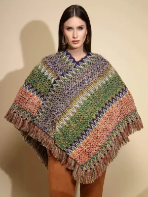 Green Abstract print V-Neck Acrylic Poncho
