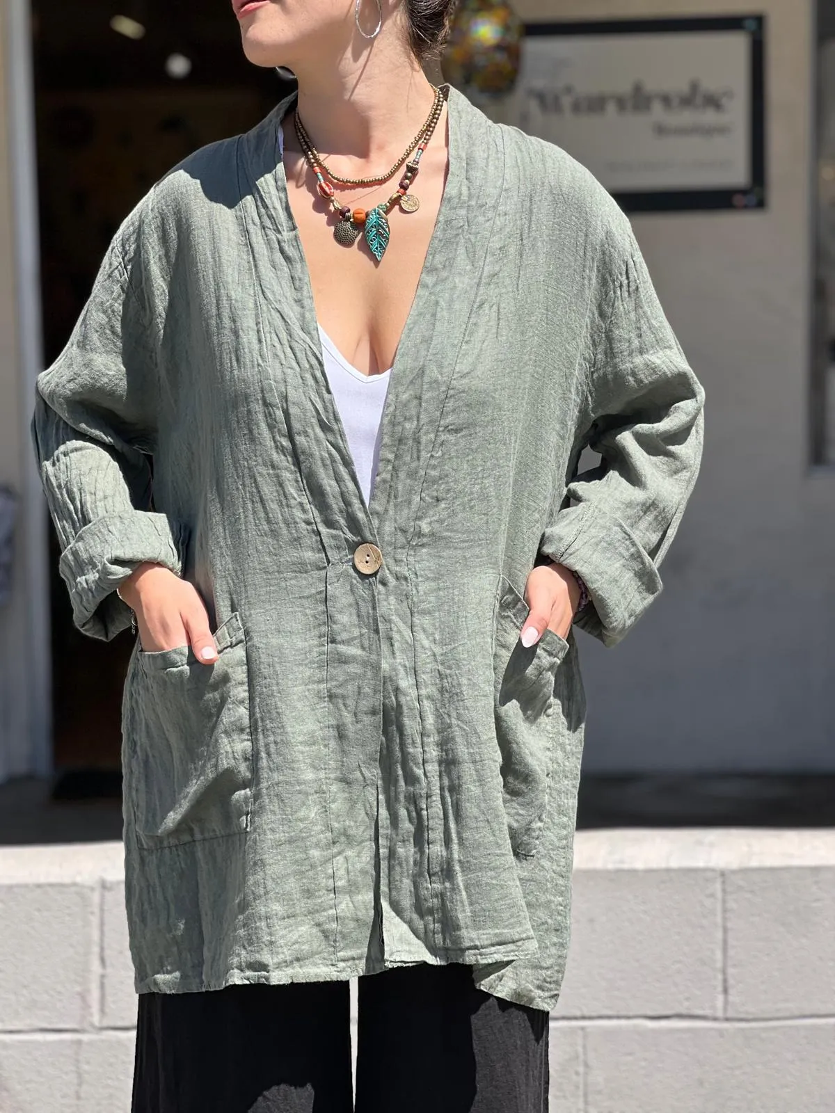 Green Long Linen Jacket