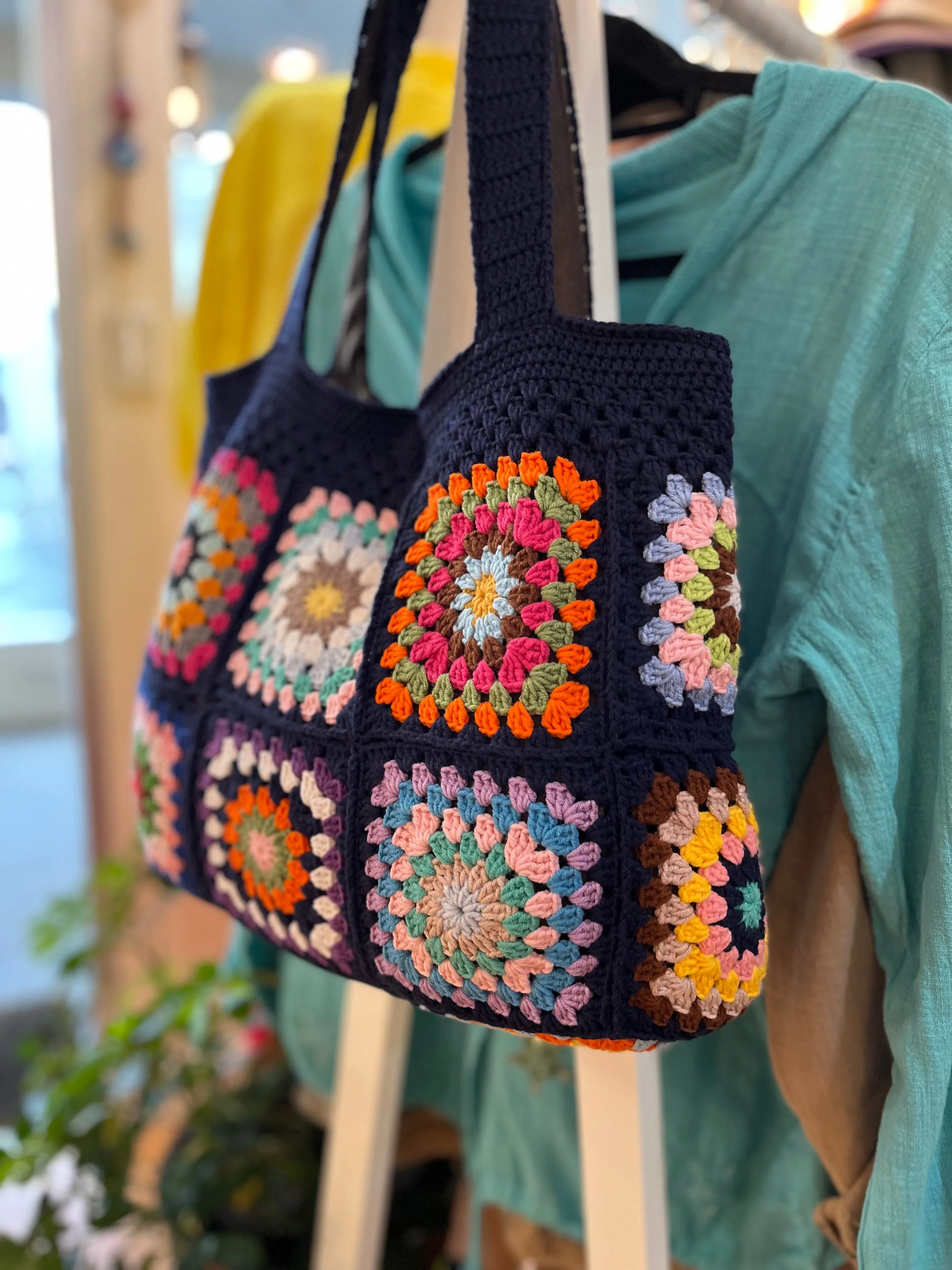 Hand Crochet Tote Bag Granny Bag Navy Blue