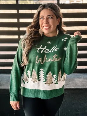 Hello Winter Ugly Christmas Sweater, Hunter Green
