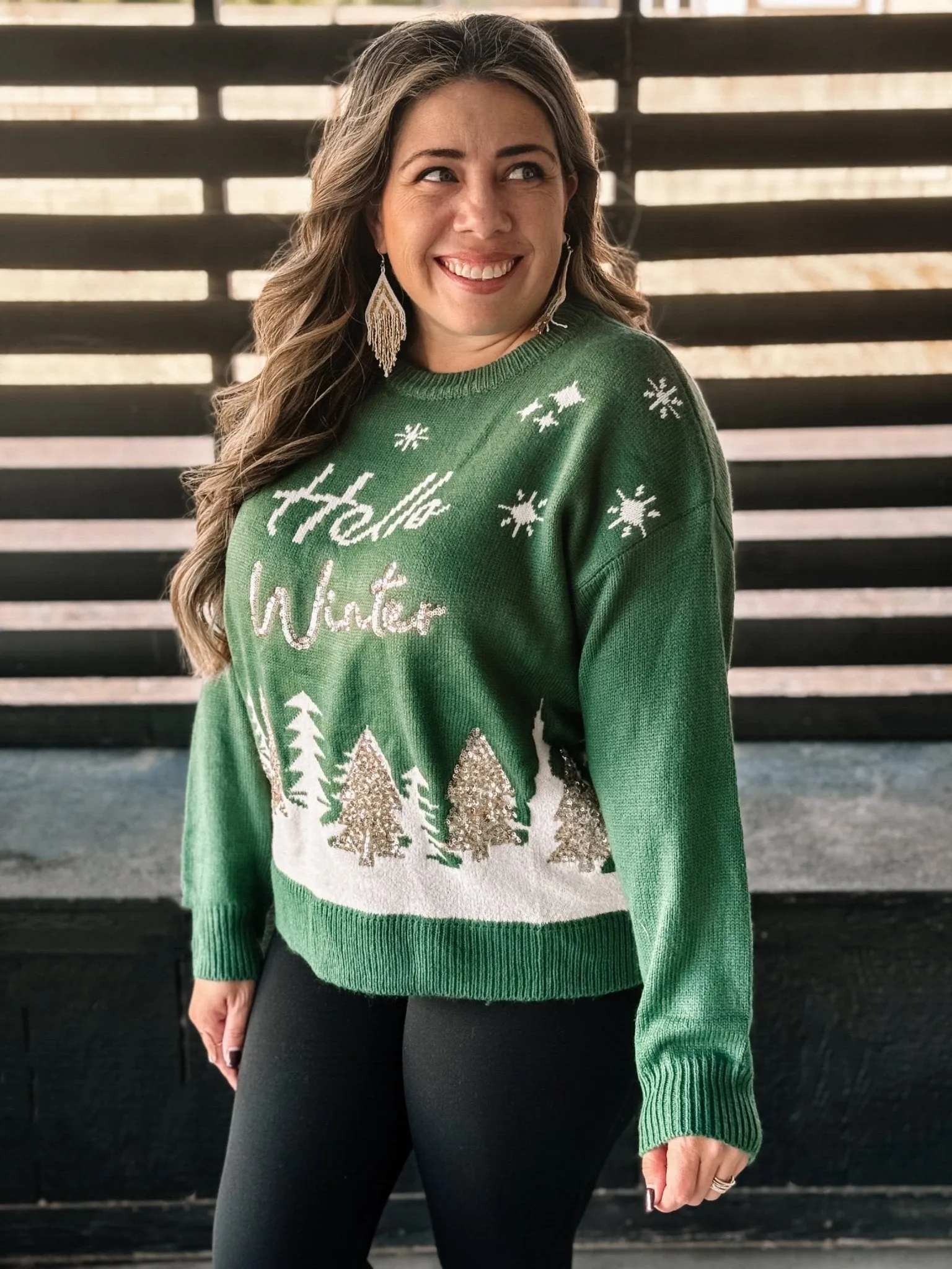 Hello Winter Ugly Christmas Sweater, Hunter Green