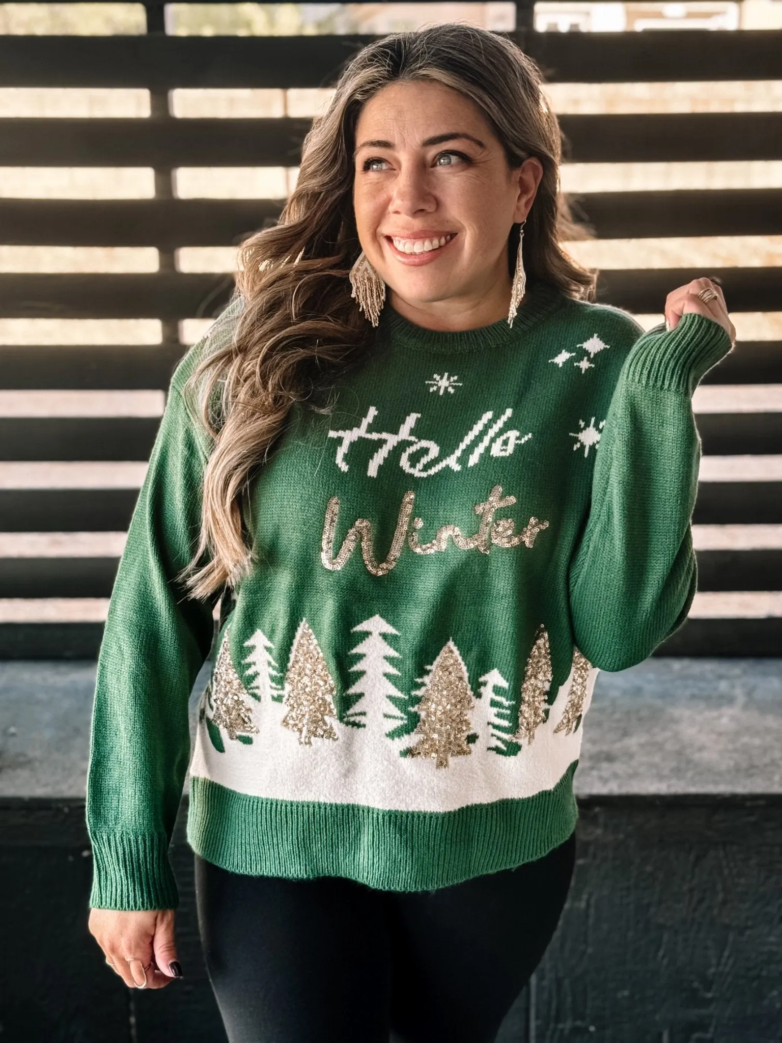 Hello Winter Ugly Christmas Sweater, Hunter Green