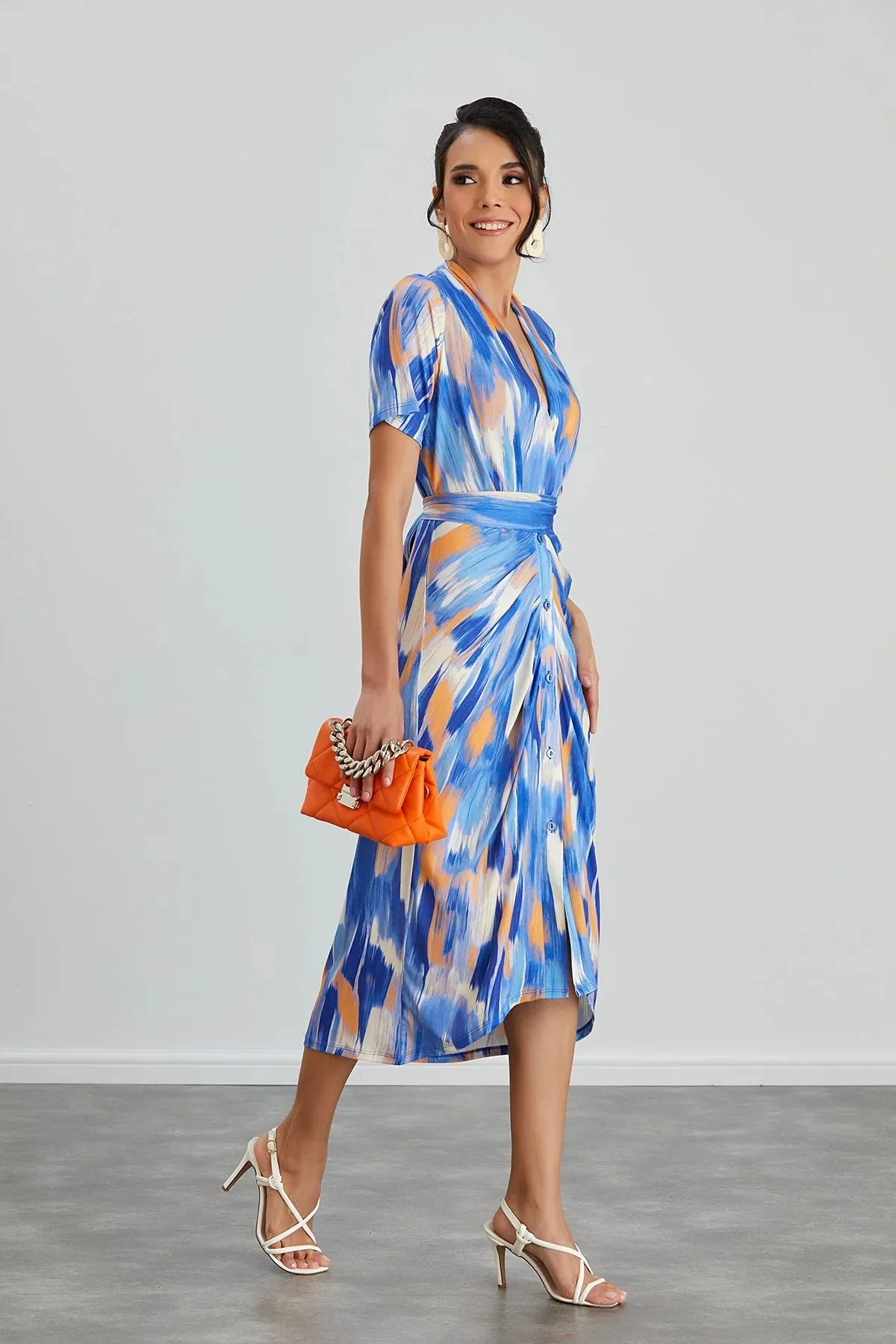 Jenerique Abstract Print Shirt Midi Orange & Blue Dress