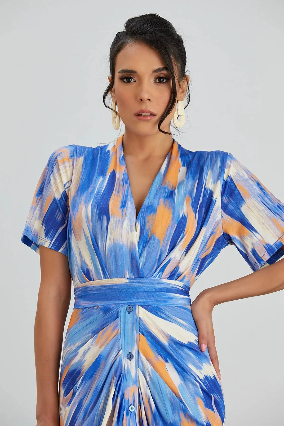 Jenerique Abstract Print Shirt Midi Orange & Blue Dress