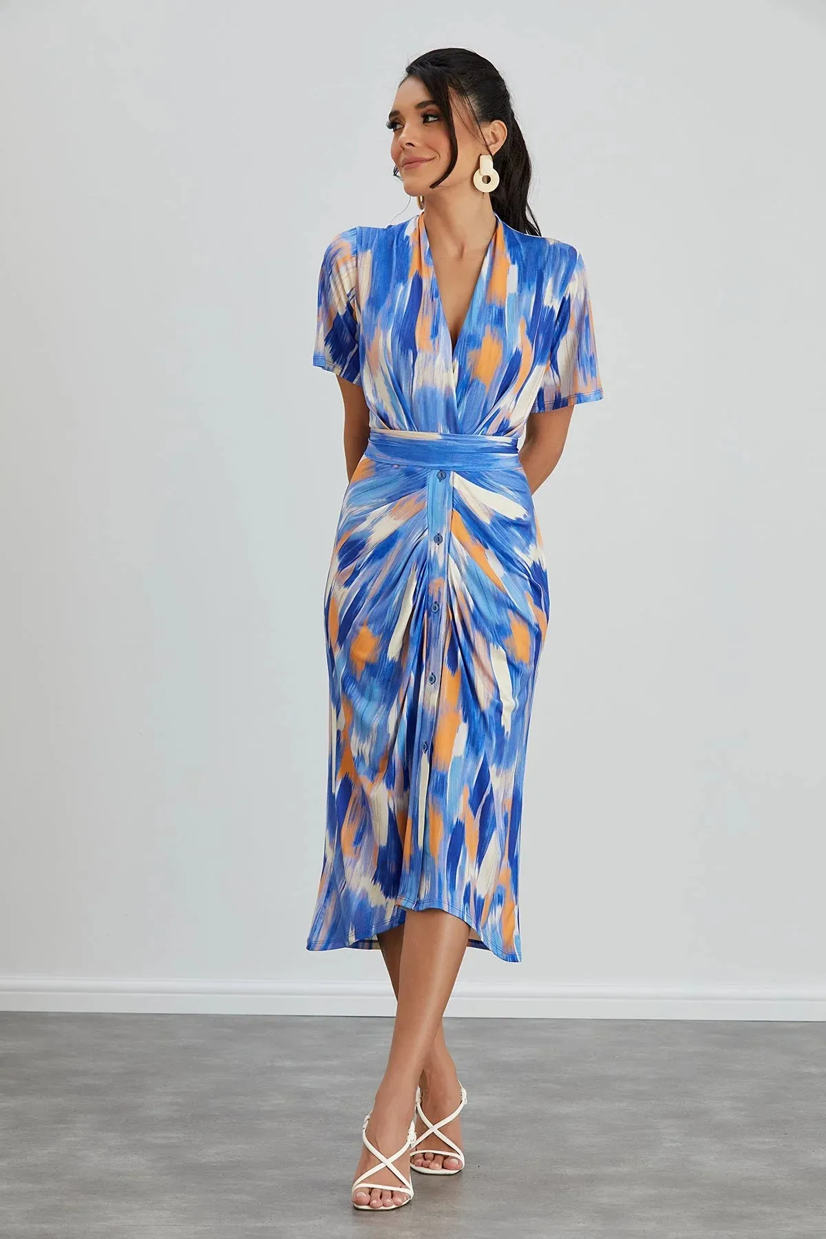 Jenerique Abstract Print Shirt Midi Orange & Blue Dress