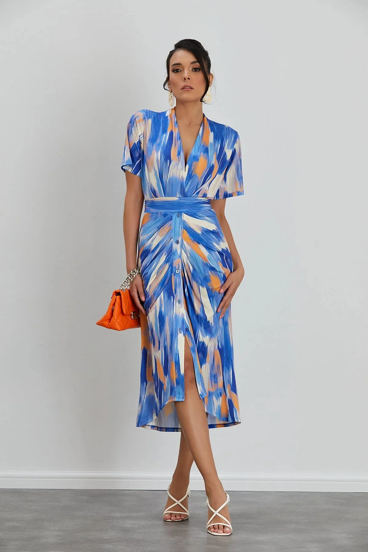 Jenerique Abstract Print Shirt Midi Orange & Blue Dress