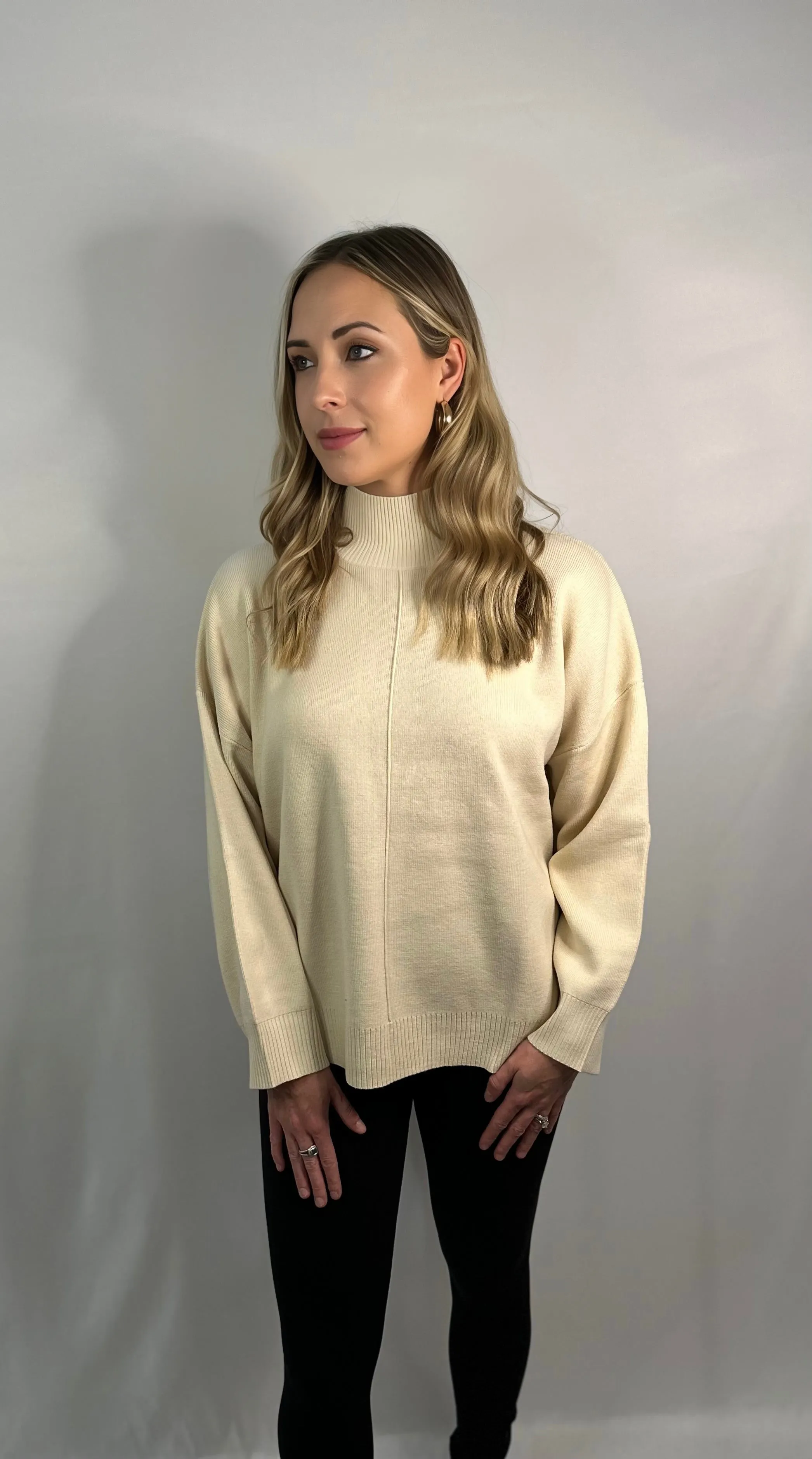 Jewel Mock Neck Front Seam Sweater