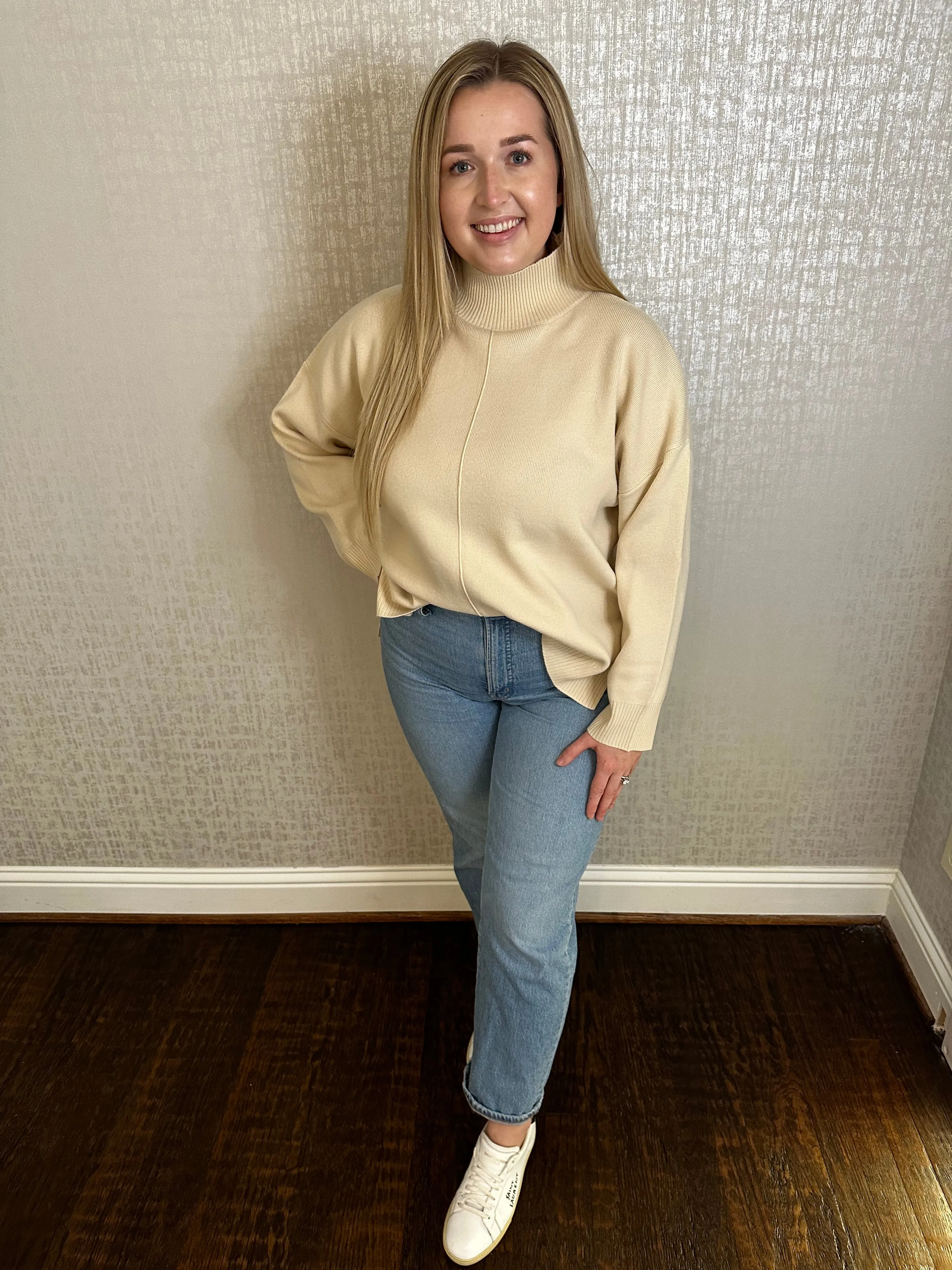 Jewel Mock Neck Front Seam Sweater