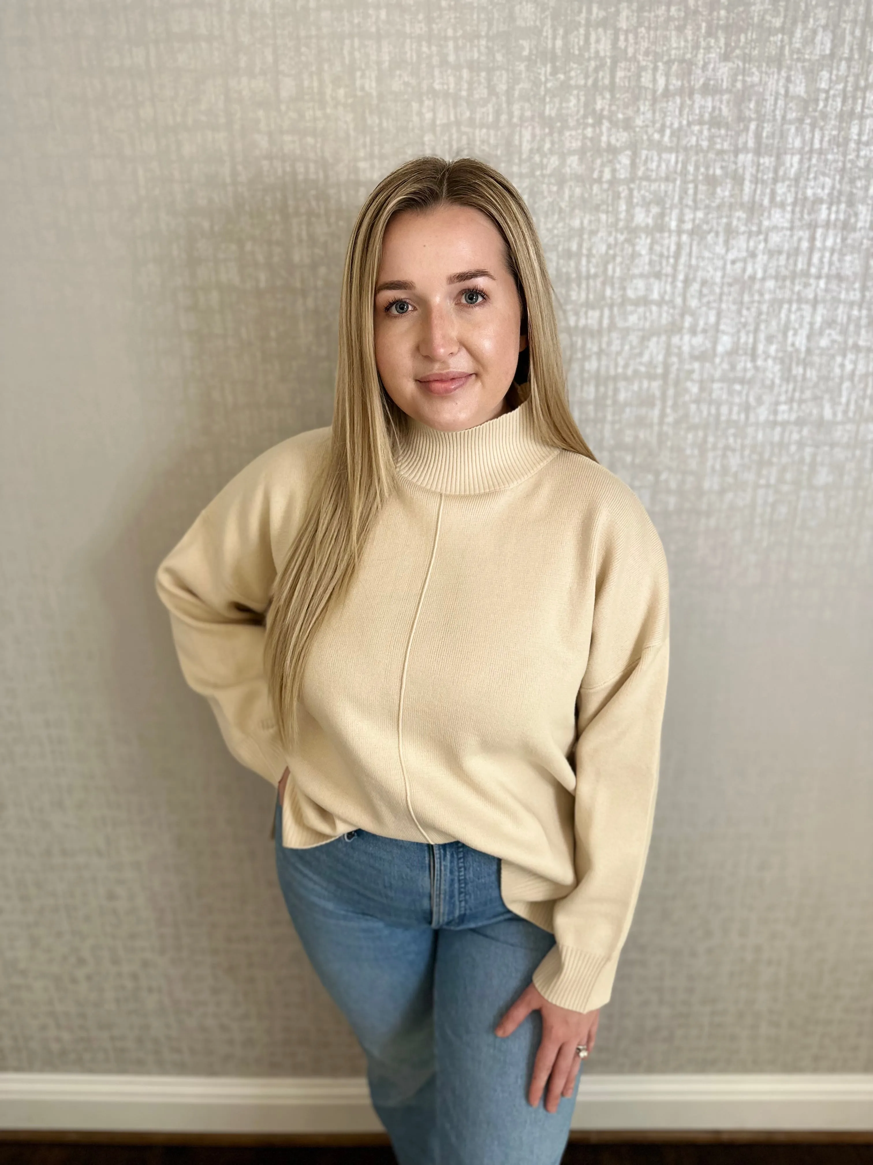 Jewel Mock Neck Front Seam Sweater