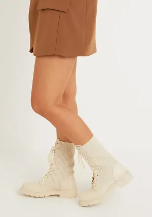 Kimi Beige Lace Up Knitted Chunky Sole Boots