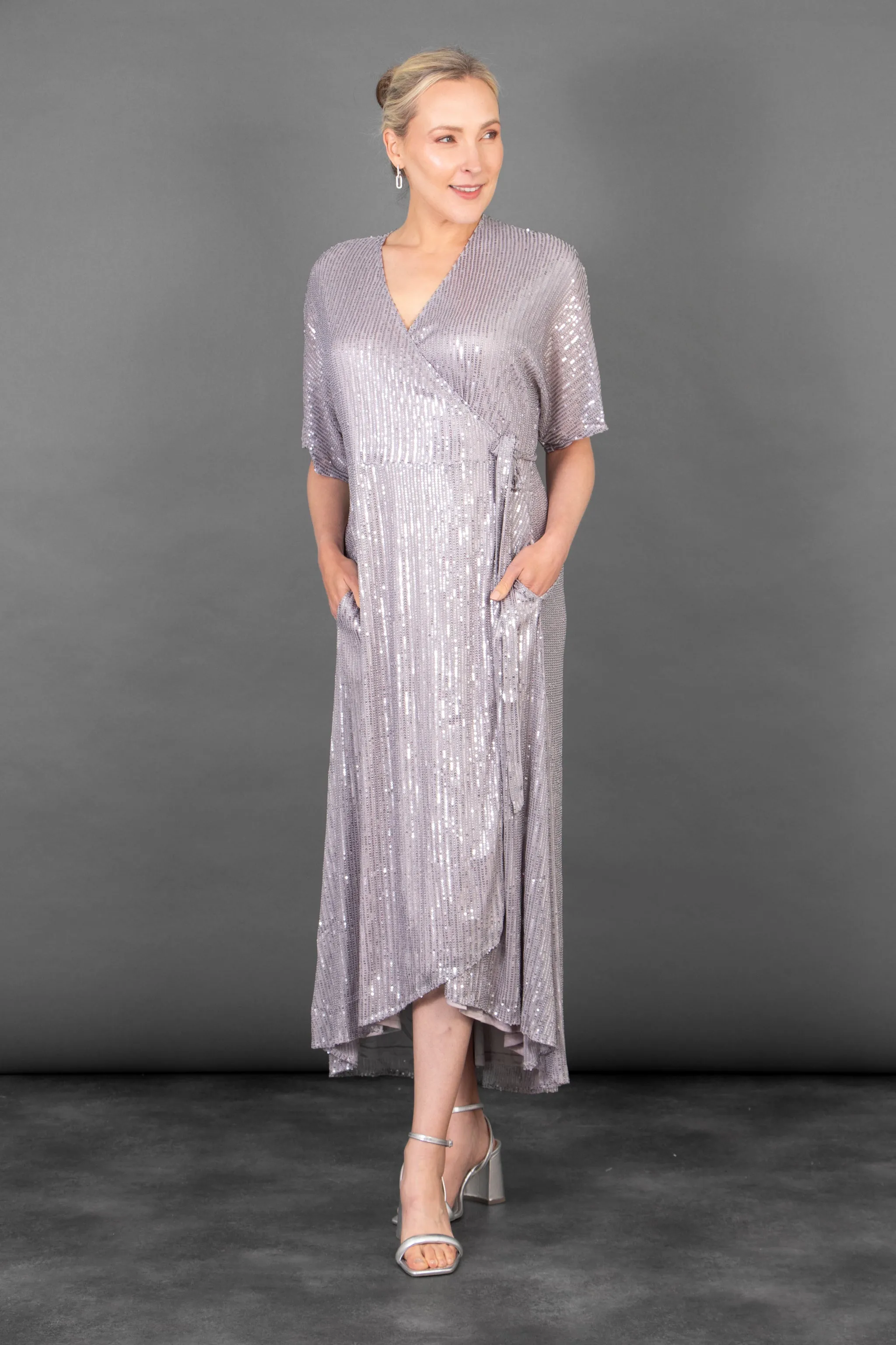 Liv Wrap Dress - Silver, Sequin