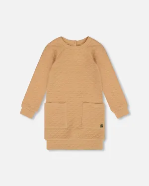 Long Sleeve Shiny Quilted Dress With Pocket Golden Brown