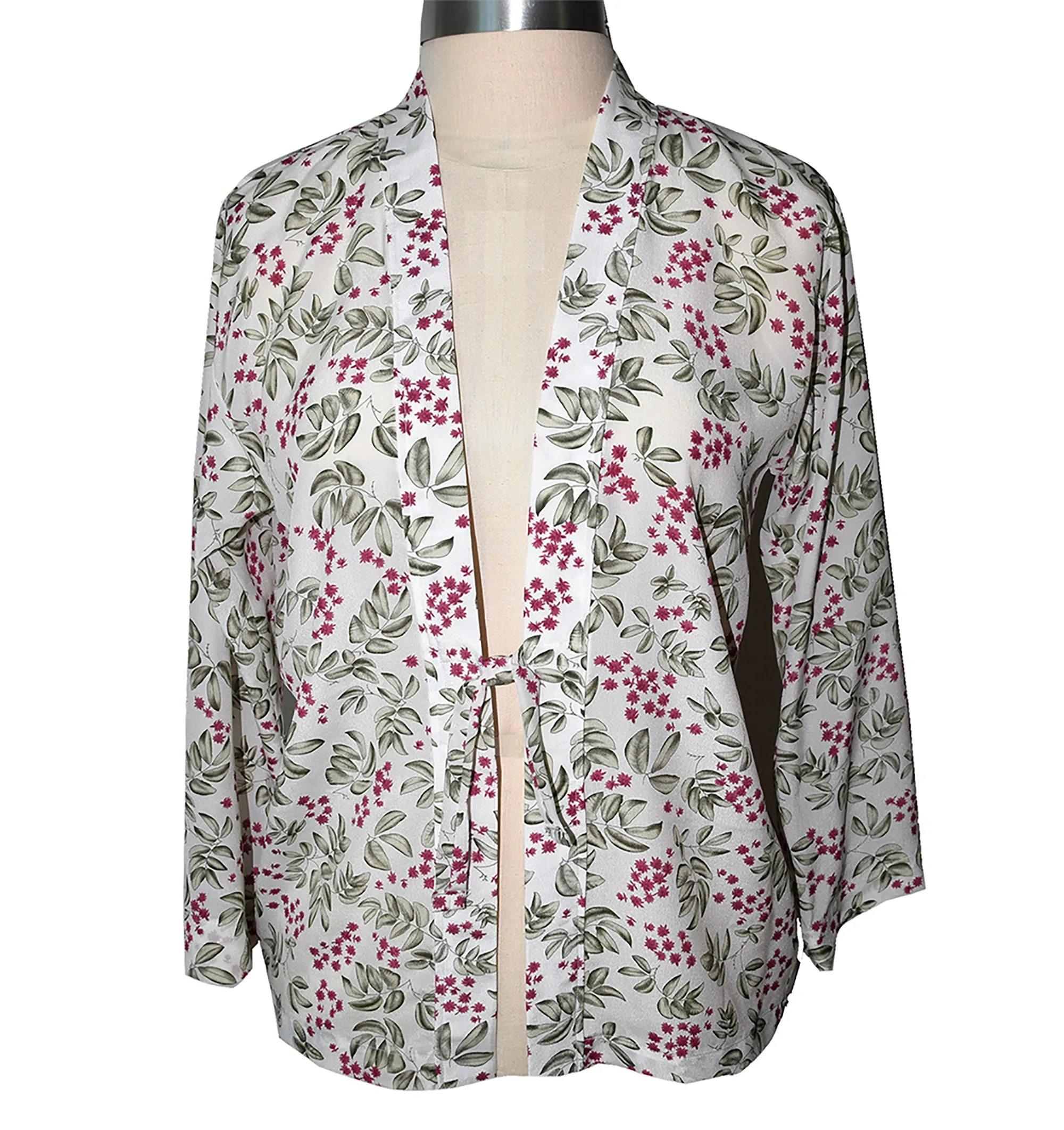 Lovely Crepe de Chine Silk Eucalyptus Print Kimono Jacket with Scarf