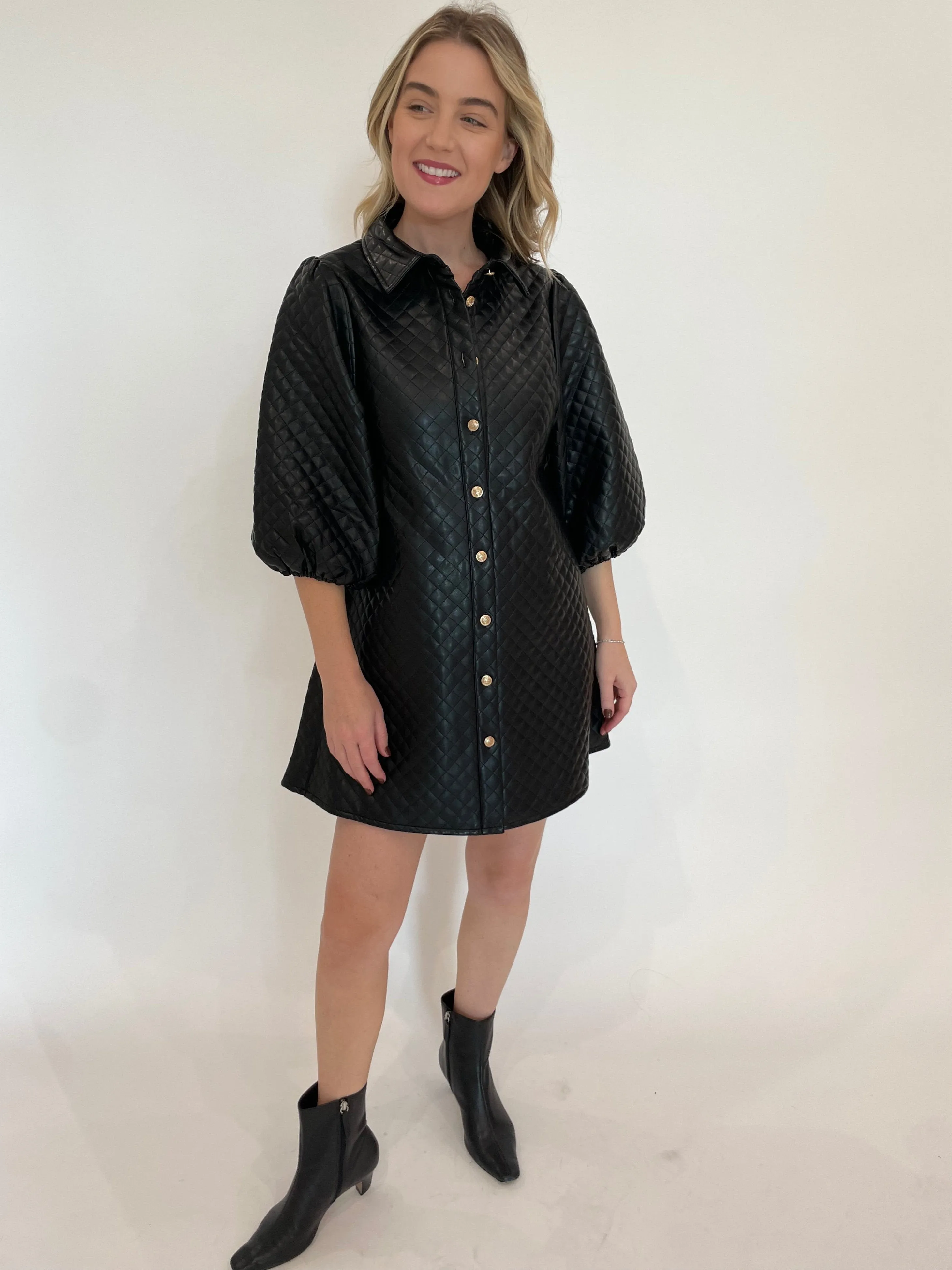 Maya Quilted Vegan Leather Dress - Black