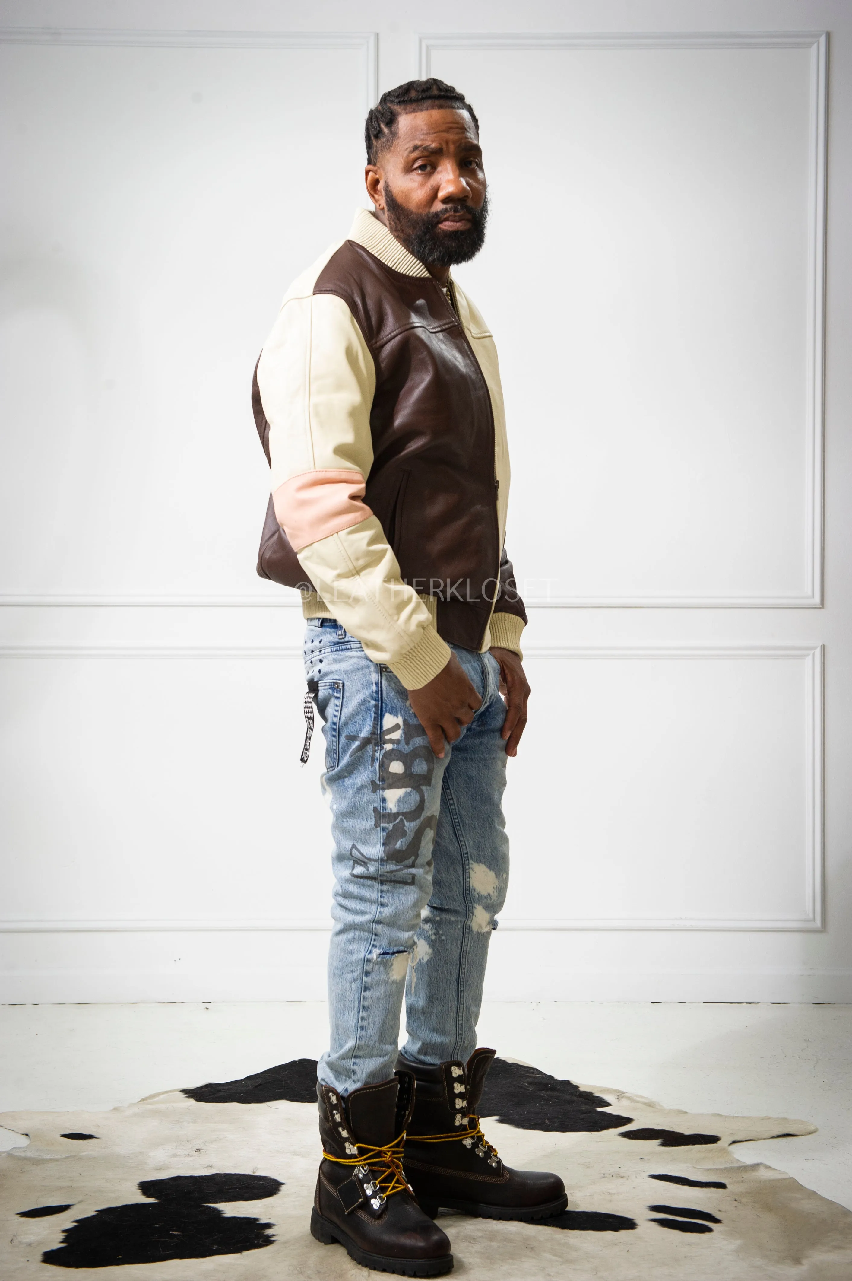 Men's Baseball Multi Color Jacket [Chocolate/Beige/Baby Pink]