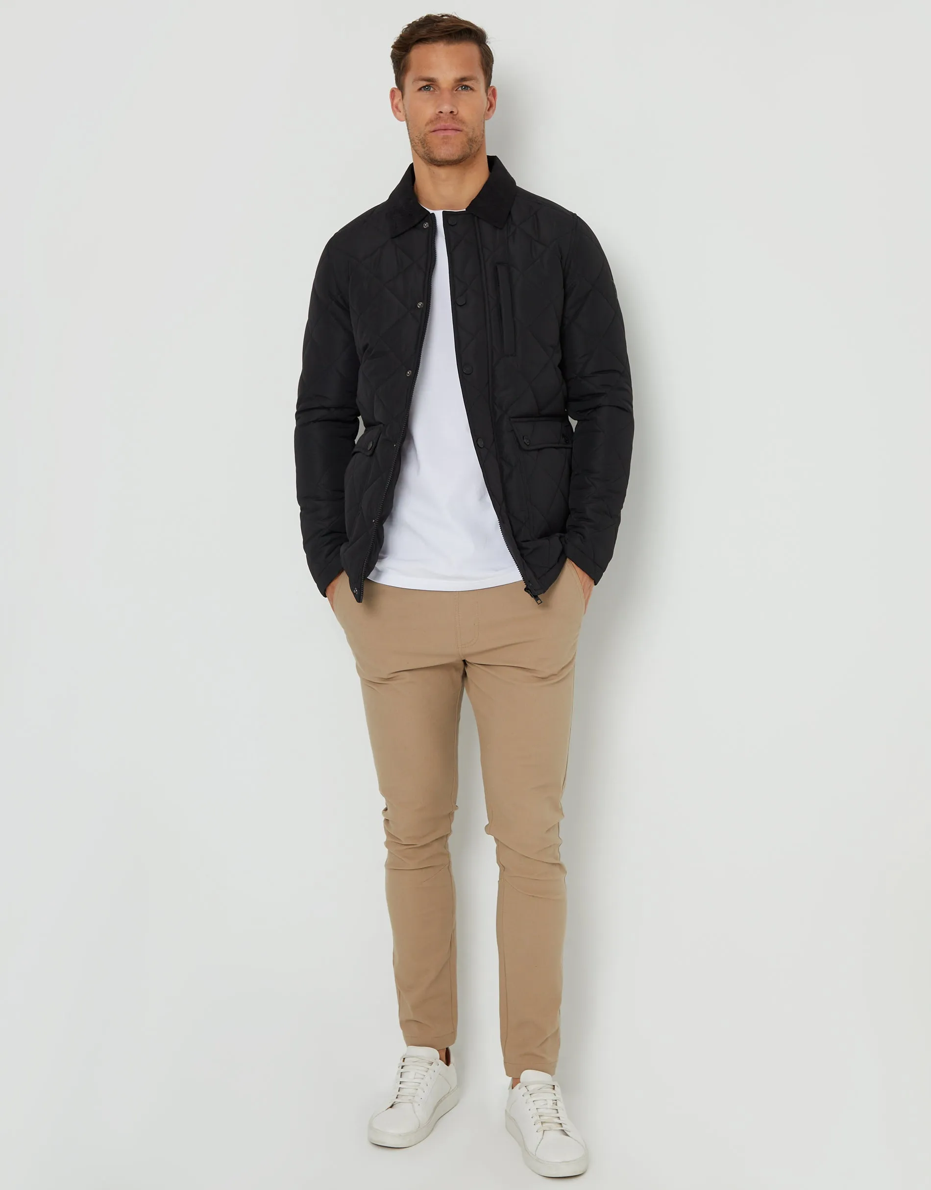 Men's Black Showerproof Diamond Quilted Collared Jacket