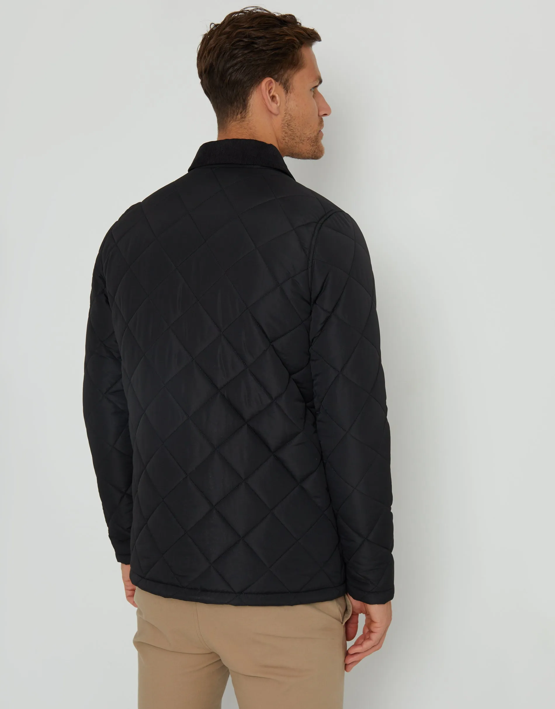 Men's Black Showerproof Diamond Quilted Collared Jacket