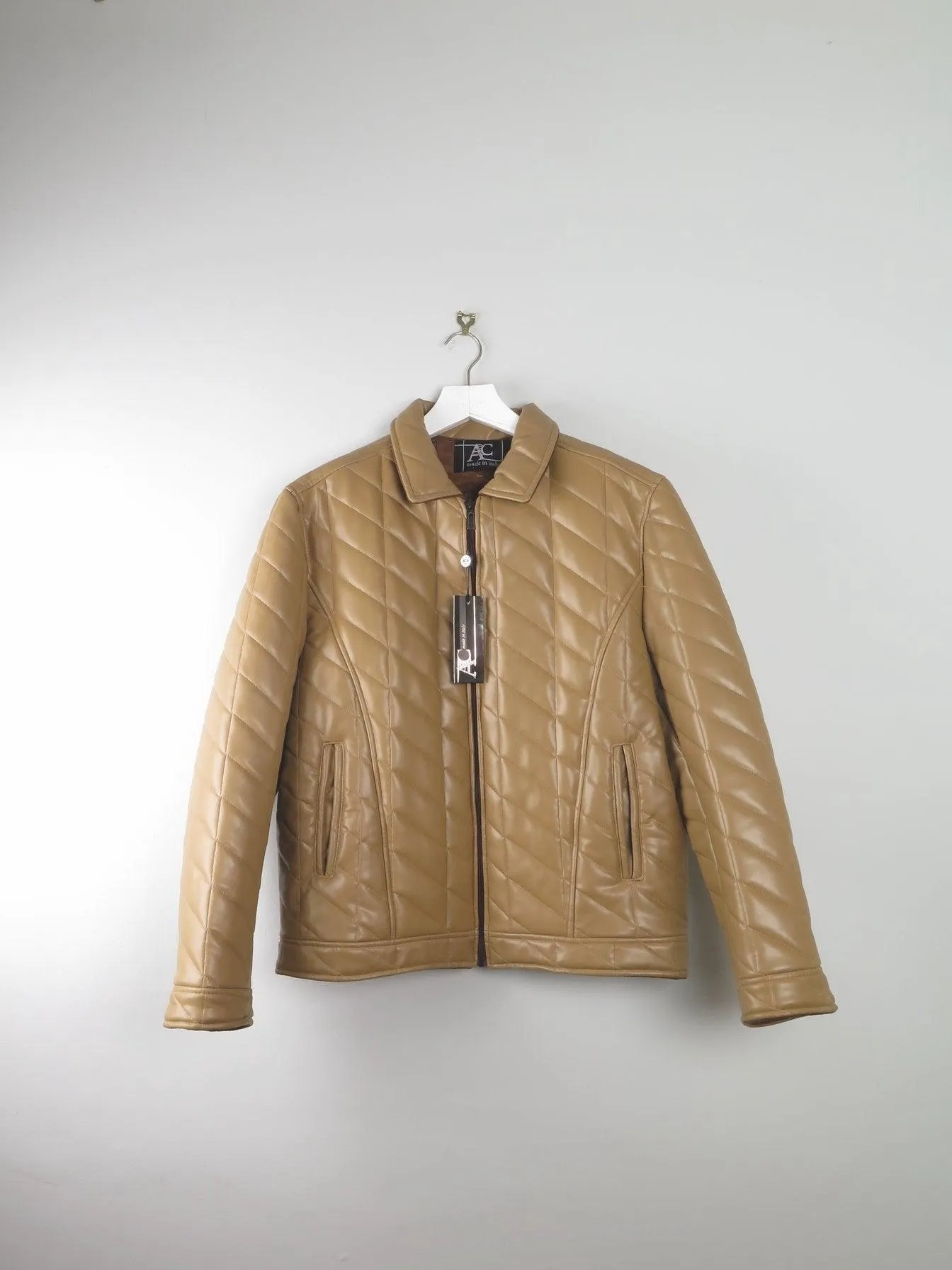 Men's Vintage Dark Cream Mustard Quilted Jacket PVC Never Worn L
