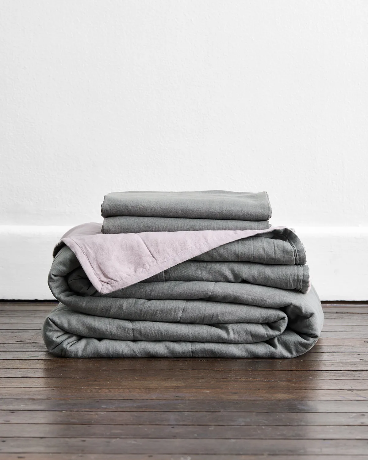 Mineral & Lilac 100% French Flax Linen Quilt Set
