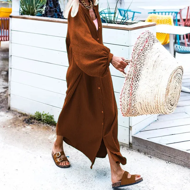 Mqtime Fall Clothes For Women Stand Collar Sexy Loose Lady Dress Solid Maxi Dresses Vintage Lantern Sleeve Boho Casual Long Dress
