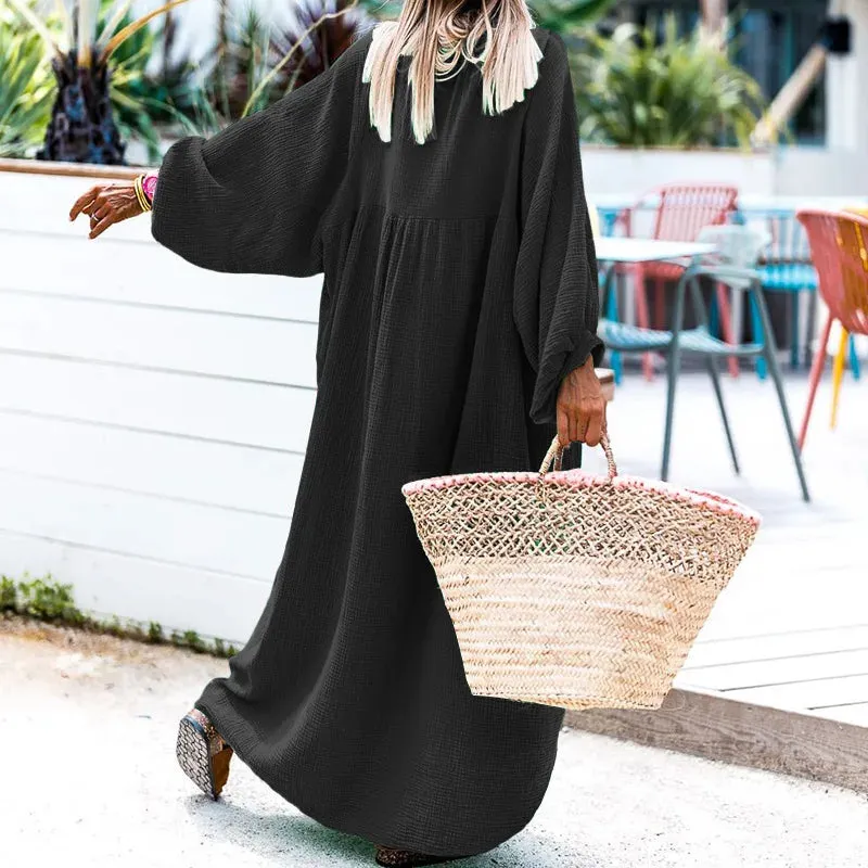 Mqtime Fall Clothes For Women Stand Collar Sexy Loose Lady Dress Solid Maxi Dresses Vintage Lantern Sleeve Boho Casual Long Dress
