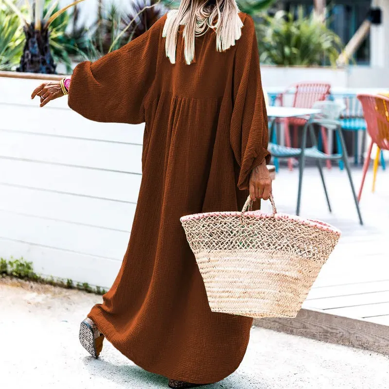 Mqtime Fall Clothes For Women Stand Collar Sexy Loose Lady Dress Solid Maxi Dresses Vintage Lantern Sleeve Boho Casual Long Dress
