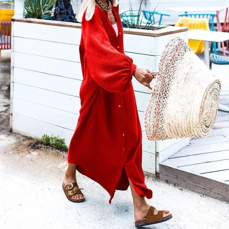 Mqtime Fall Clothes For Women Stand Collar Sexy Loose Lady Dress Solid Maxi Dresses Vintage Lantern Sleeve Boho Casual Long Dress