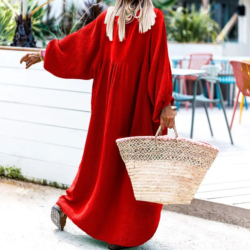 Mqtime Fall Clothes For Women Stand Collar Sexy Loose Lady Dress Solid Maxi Dresses Vintage Lantern Sleeve Boho Casual Long Dress