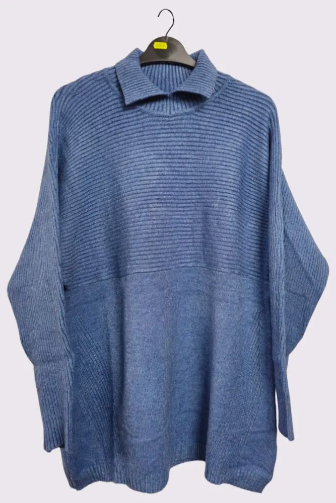 Plain Ribbed Collar Long Sleeve Jumper