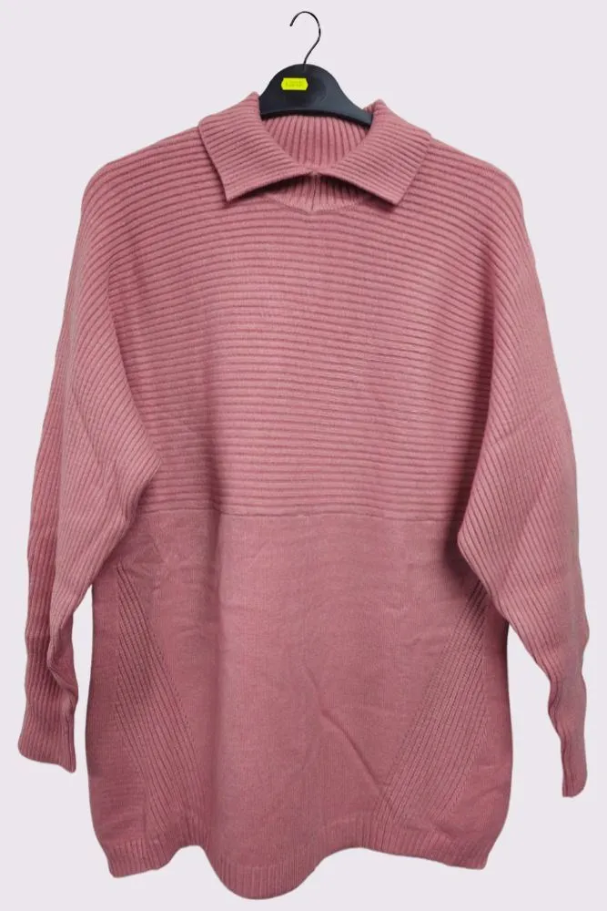 Plain Ribbed Collar Long Sleeve Jumper