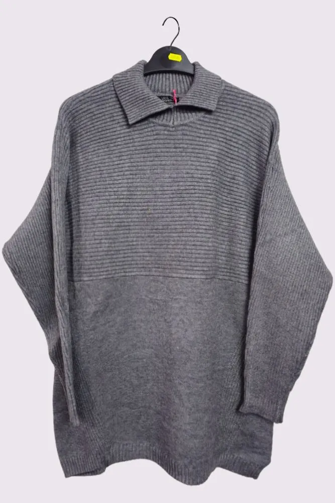 Plain Ribbed Collar Long Sleeve Jumper