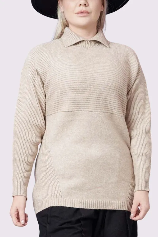 Plain Ribbed Collar Long Sleeve Jumper