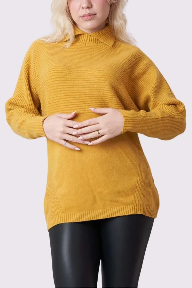 Plain Ribbed Collar Long Sleeve Jumper