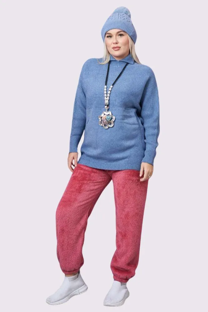 Plain Ribbed Collar Long Sleeve Jumper