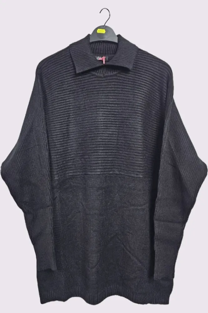 Plain Ribbed Collar Long Sleeve Jumper