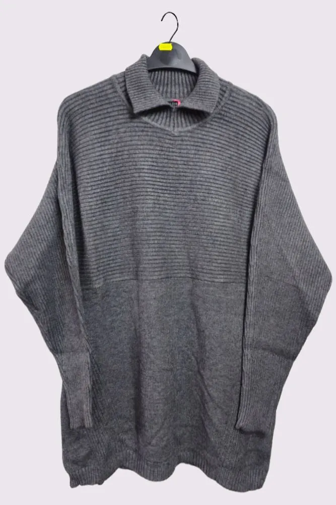 Plain Ribbed Collar Long Sleeve Jumper