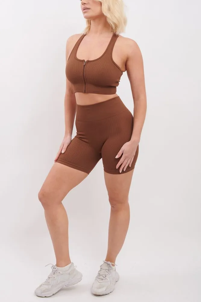 Plain Seamless Ribbed Front Zip Bra