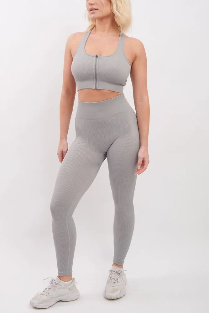 Plain Seamless Ribbed Front Zip Bra