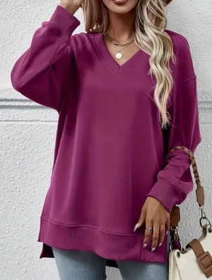 Plum V Neck Long Sleeve Hi Low Split Side Casual Top
