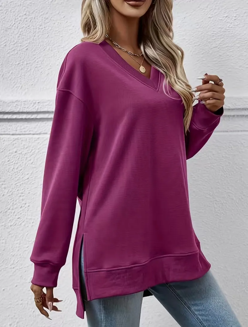 Plum V Neck Long Sleeve Hi Low Split Side Casual Top