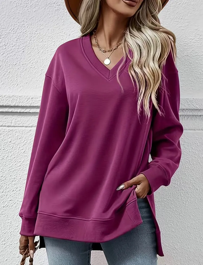 Plum V Neck Long Sleeve Hi Low Split Side Casual Top