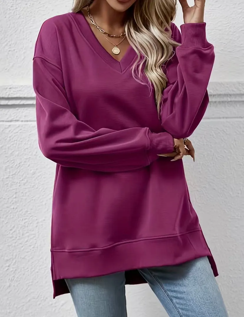 Plum V Neck Long Sleeve Hi Low Split Side Casual Top