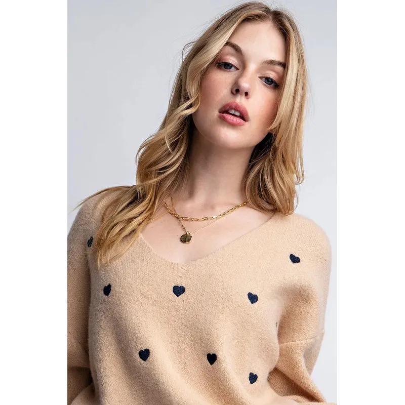 Plus Size Heart Pattern Boxy Knit Pullover Sweater Taupe