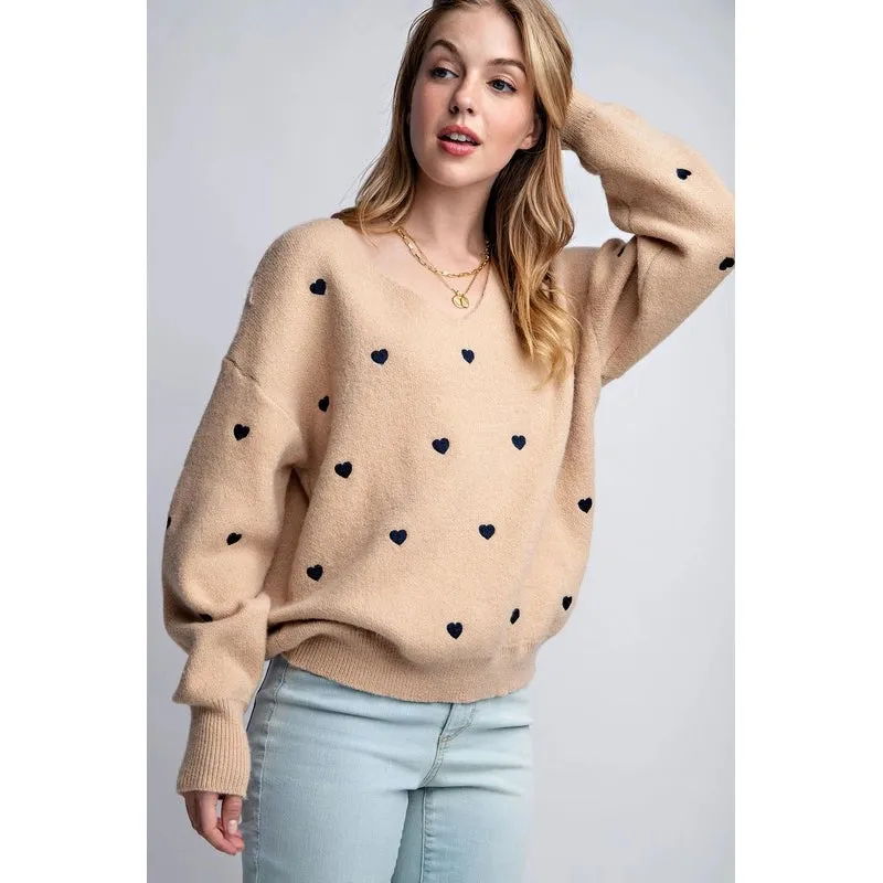 Plus Size Heart Pattern Boxy Knit Pullover Sweater Taupe