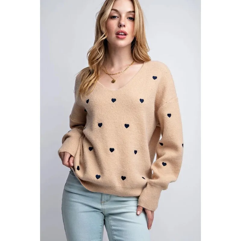 Plus Size Heart Pattern Boxy Knit Pullover Sweater Taupe