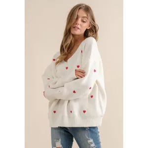 Plus Size Heart Pattern Boxy Knit Pullover Sweater White