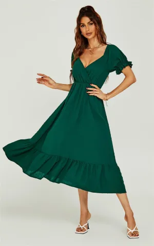 Puff Sleeve Wrap Style Midi Dress In Dark Green