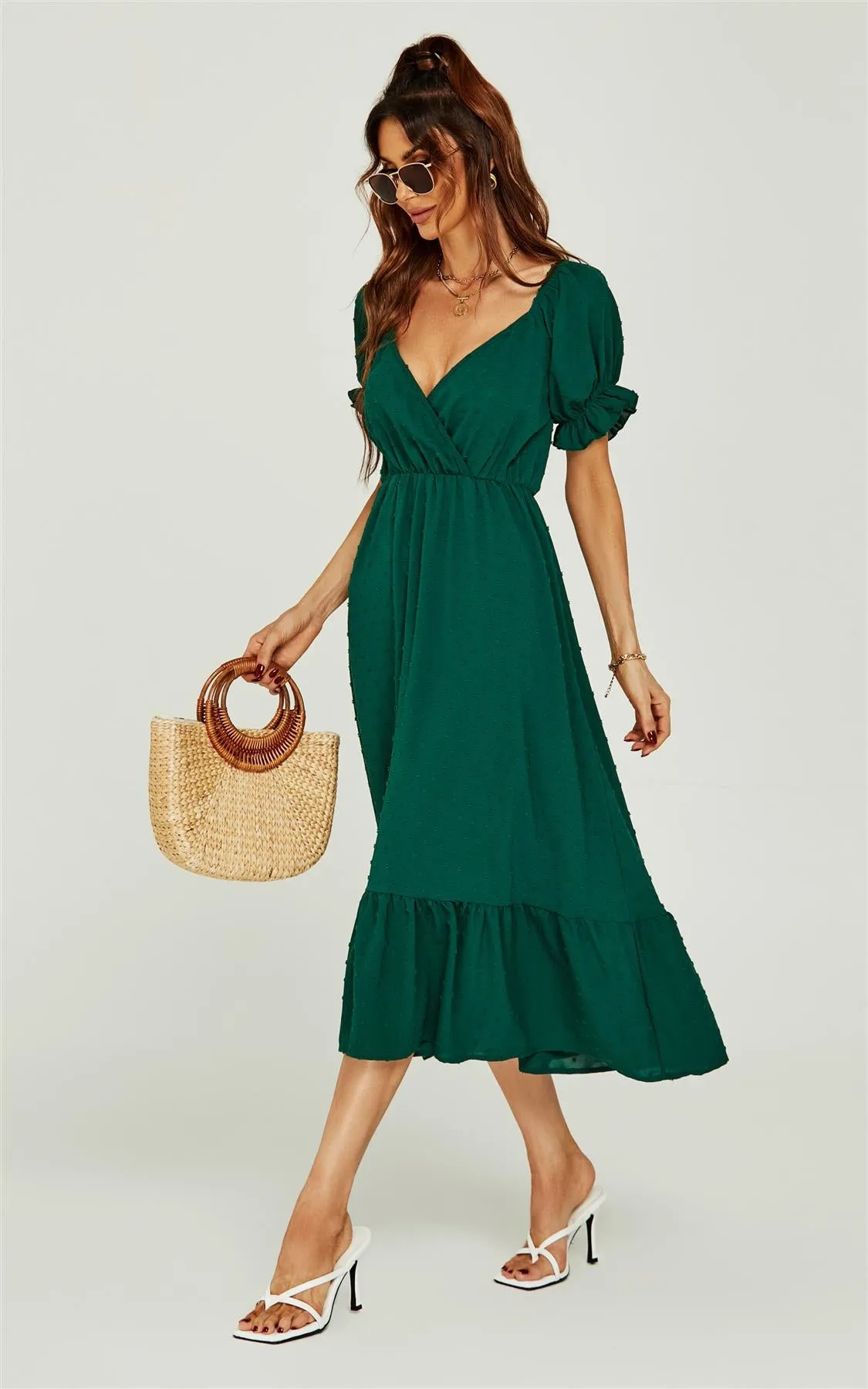 Puff Sleeve Wrap Style Midi Dress In Dark Green